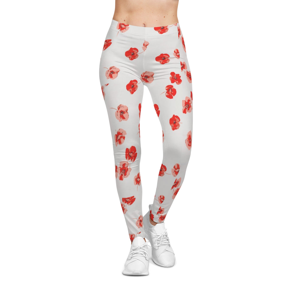 Red Watercolor Poppy Pattern Leggings | Floral All-Over Print