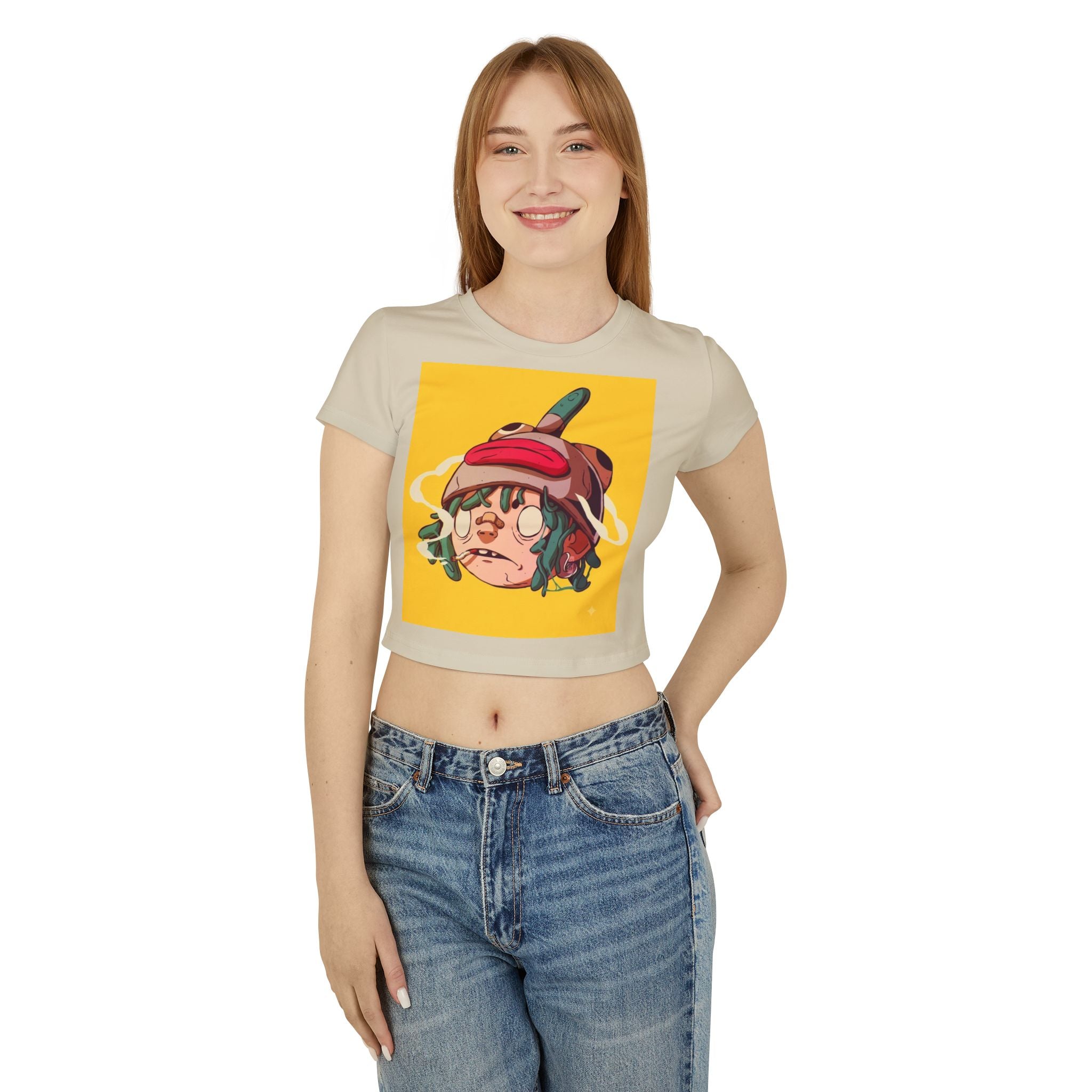 Cartoon Sad Face with Cap Baby Tee | Cute Character Crop Top