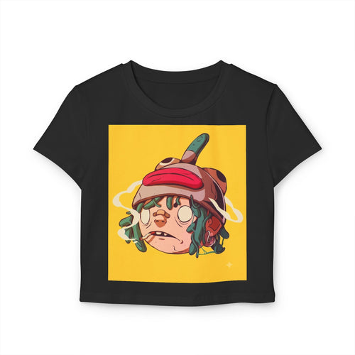Cartoon Sad Face with Cap Baby Tee | Cute Character Crop Top