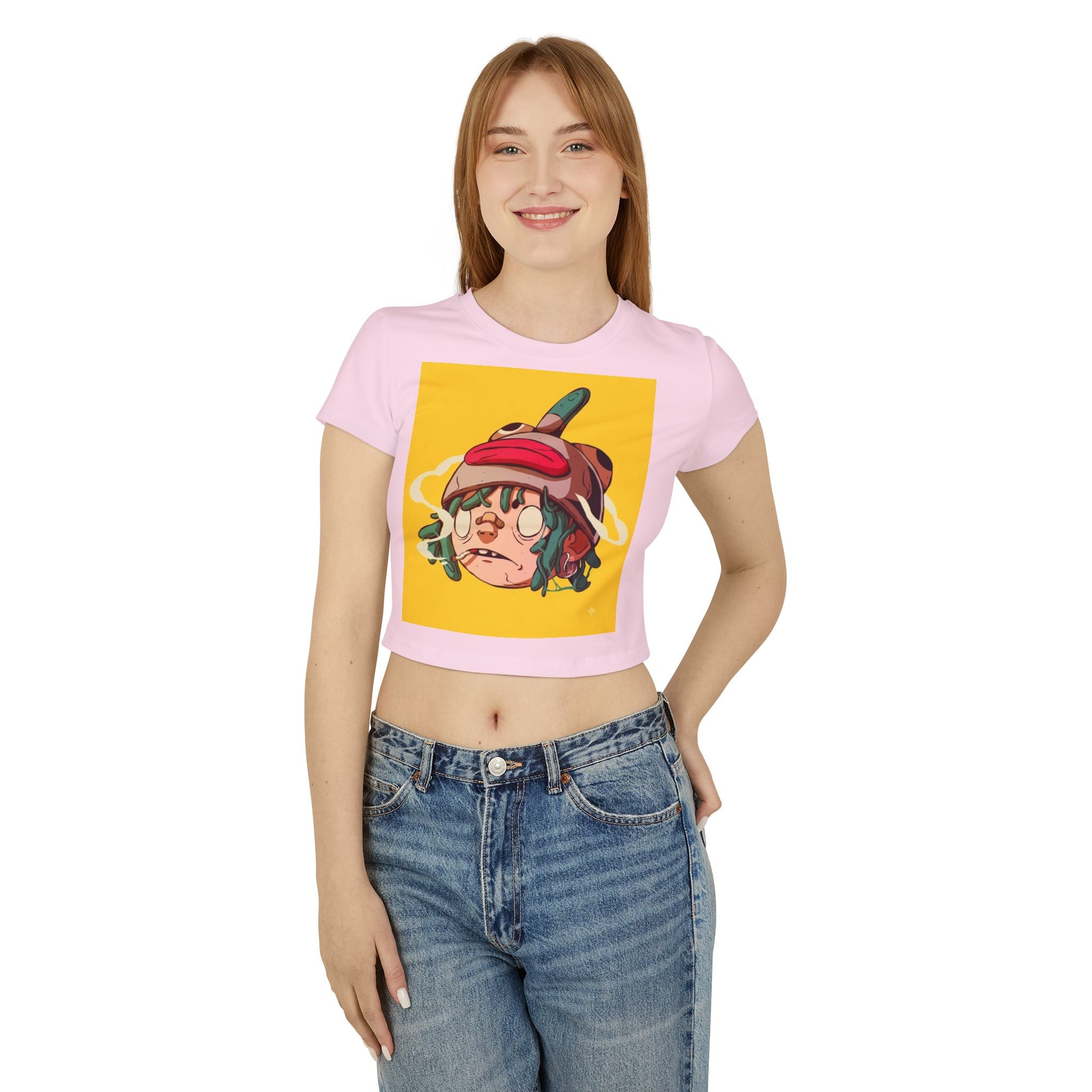 Cartoon Sad Face with Cap Baby Tee | Cute Character Crop Top