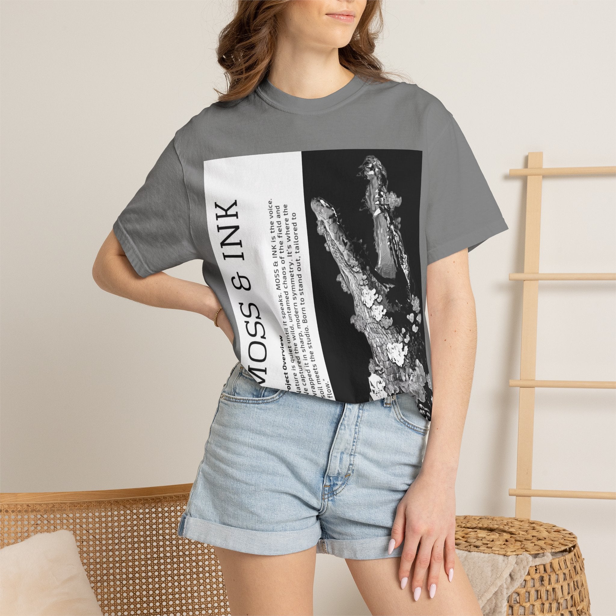 Moss & Ink Floral Croc Graphic T-shirt | Botanical Crocodile Illustration