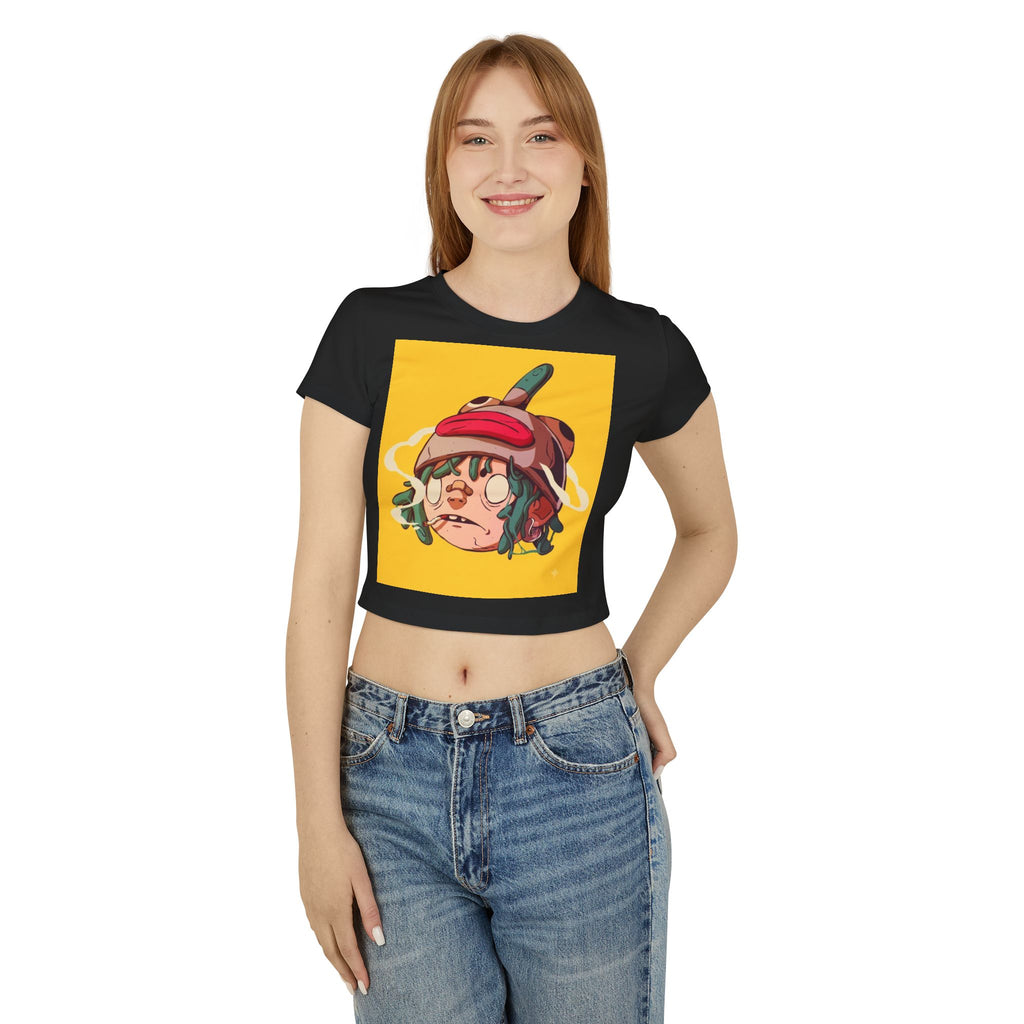 Cartoon Sad Face with Cap Baby Tee | Cute Character Crop Top