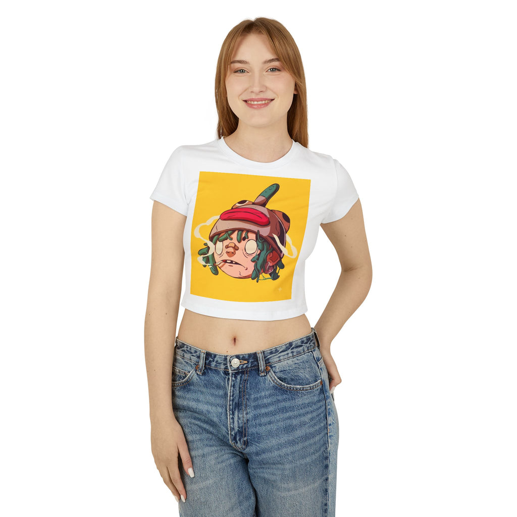 Cartoon Sad Face with Cap Baby Tee | Cute Character Crop Top