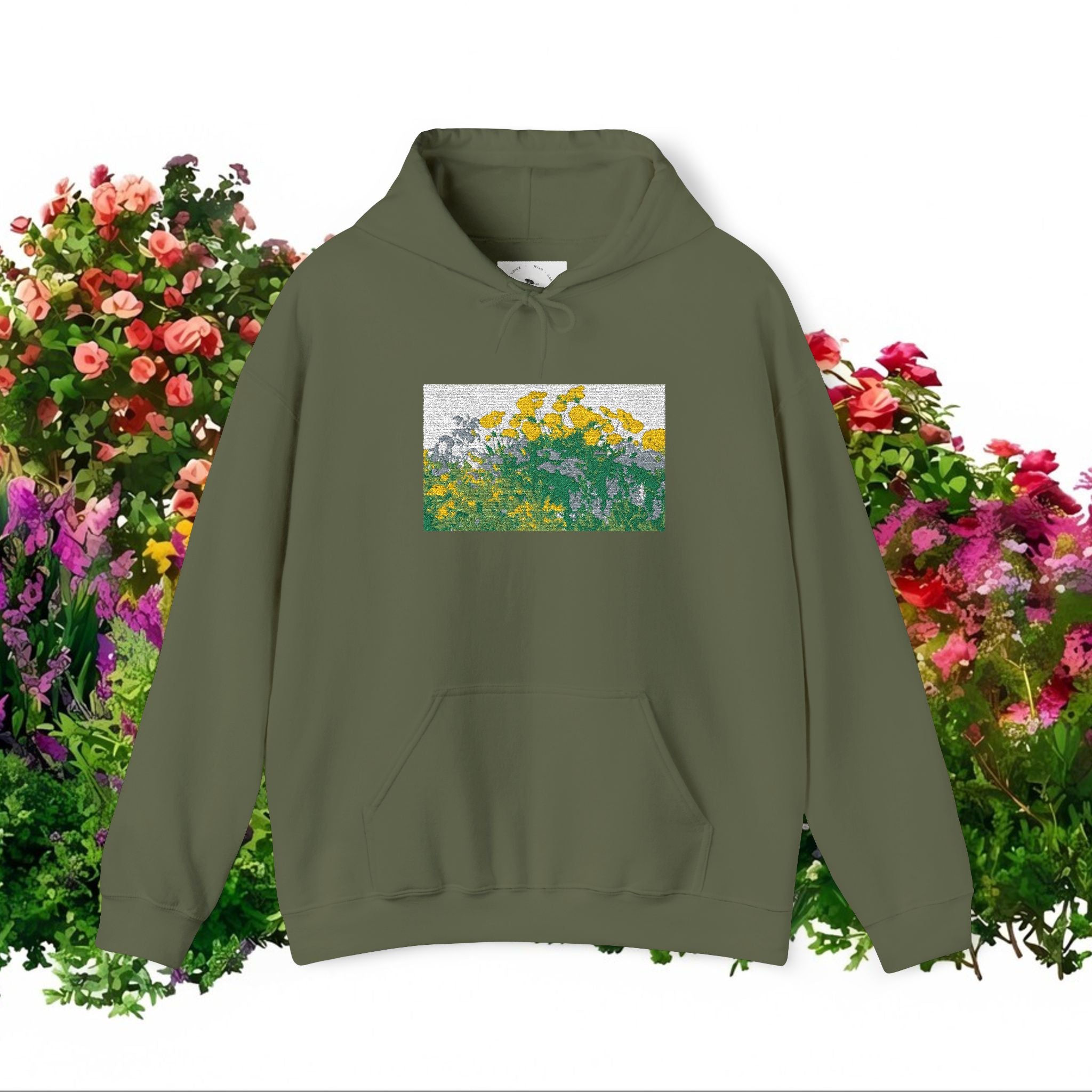 Sunflower Field Hoodie | Floral Impressionist Art, Yellow Green