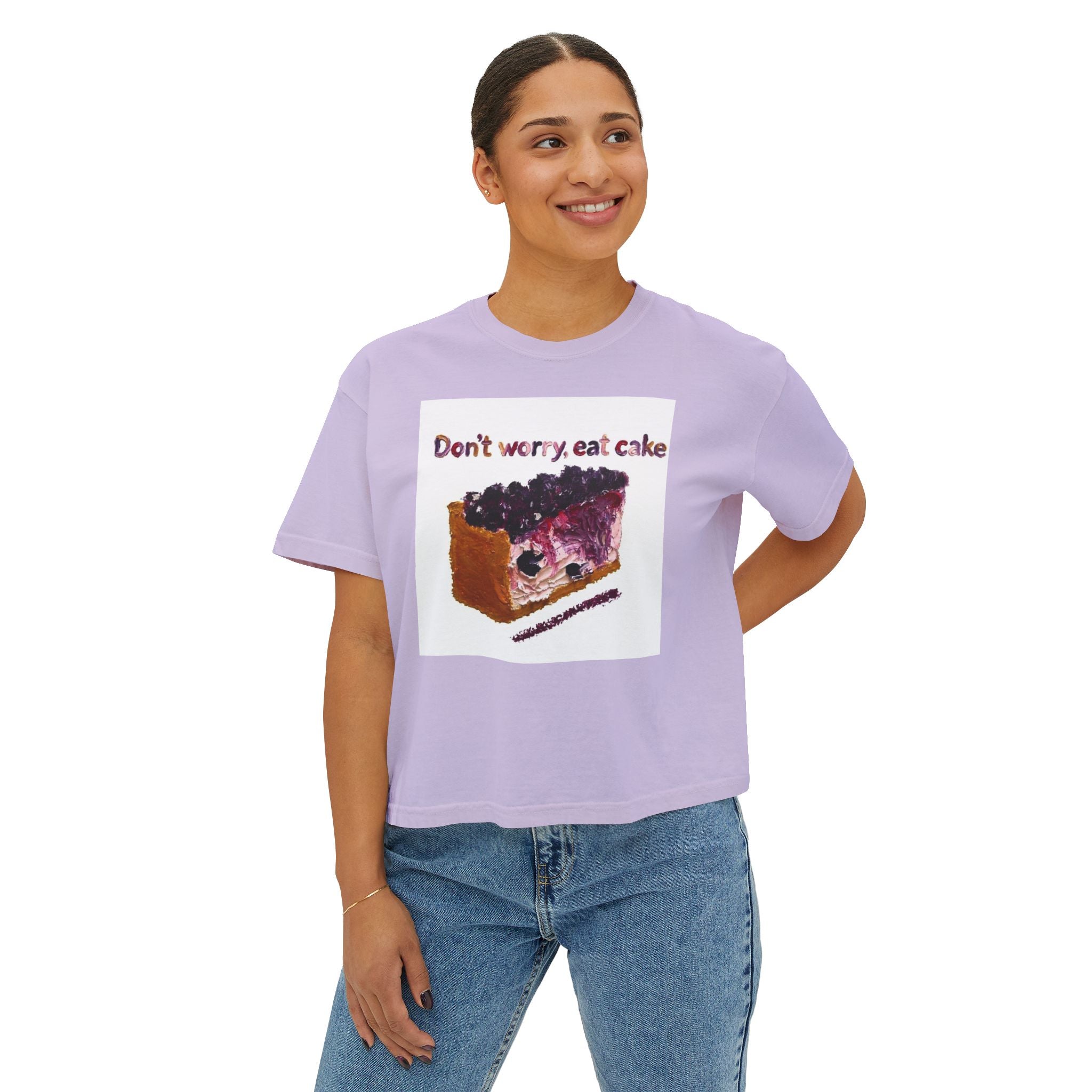 Don't Worry, Eat Cake Women's Boxy Tee — Cute Dessert Graphic T-Shirt