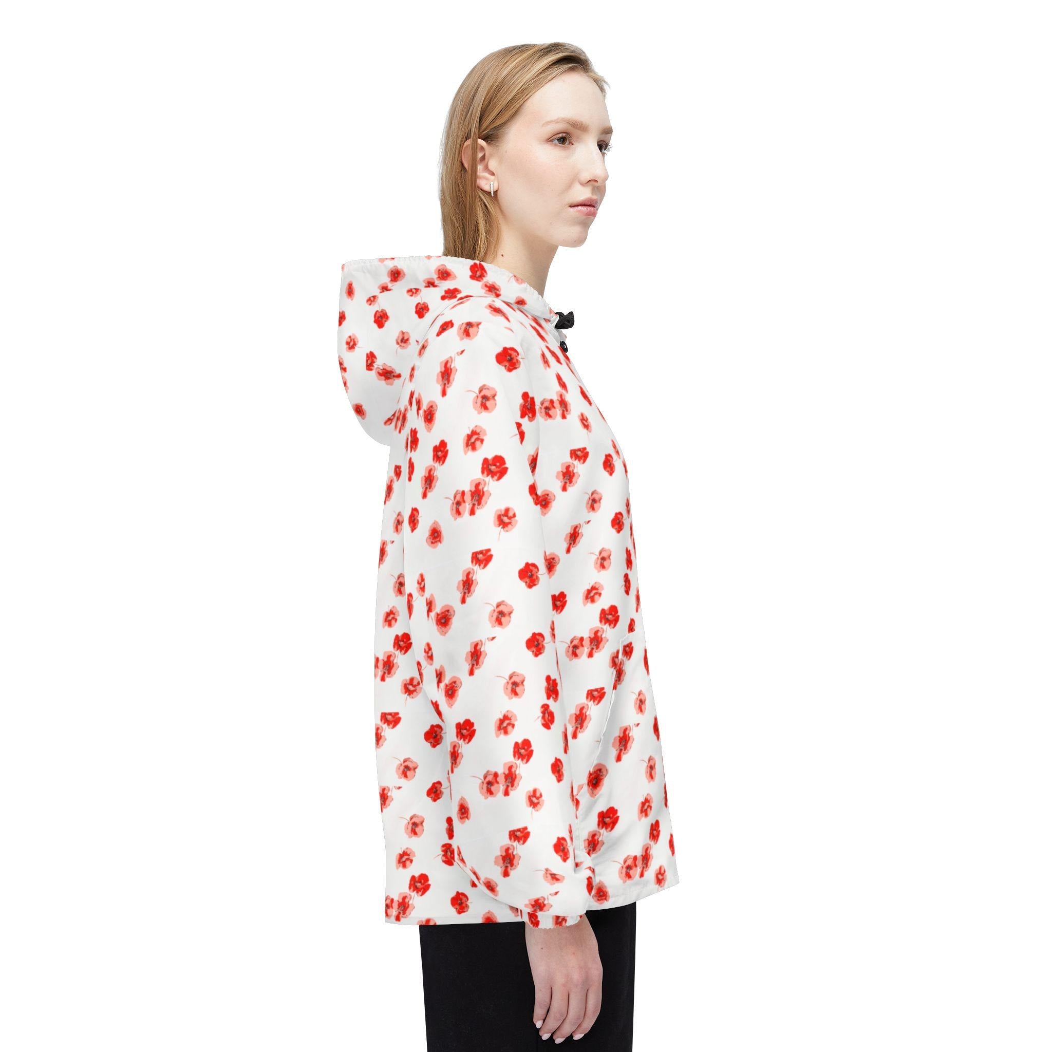Red Poppy Pattern Windbreaker Jacket | All-Over Print, Floral Quote