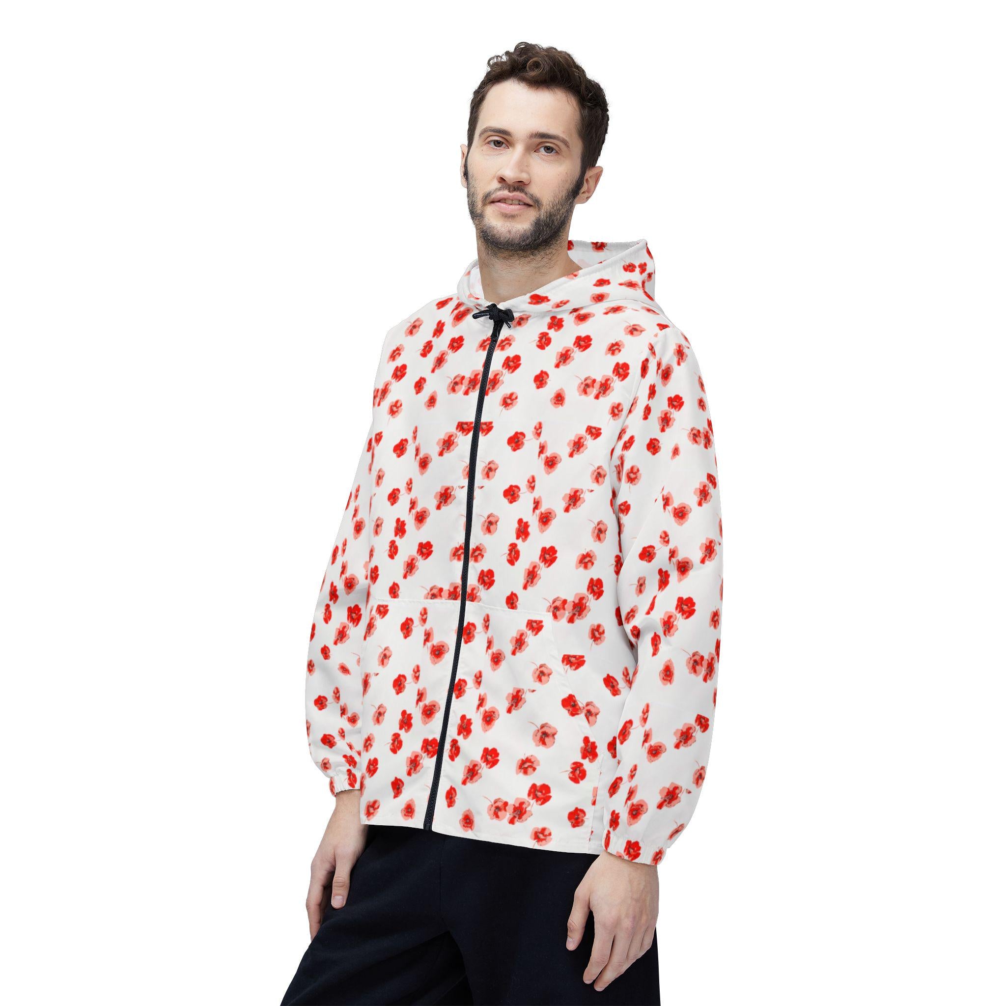 Red Poppy Pattern Windbreaker Jacket | All-Over Print, Floral Quote