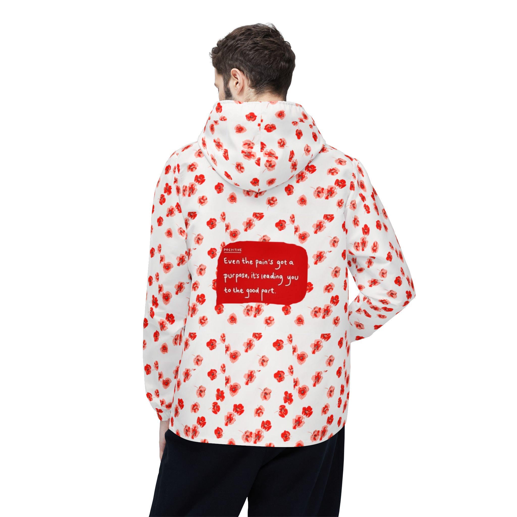 Red Poppy Pattern Windbreaker Jacket | All-Over Print, Floral Quote