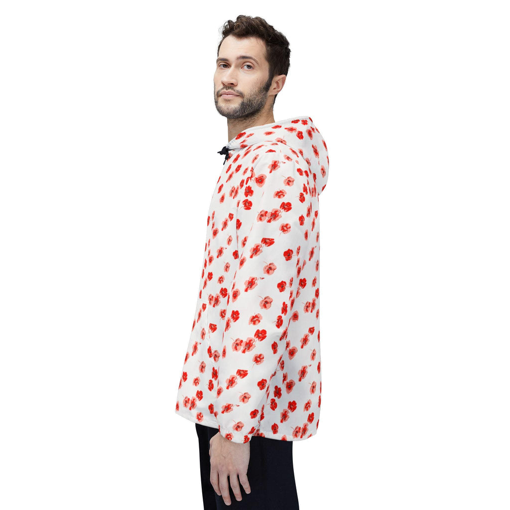 Red Poppy Pattern Windbreaker Jacket | All-Over Print, Floral Quote