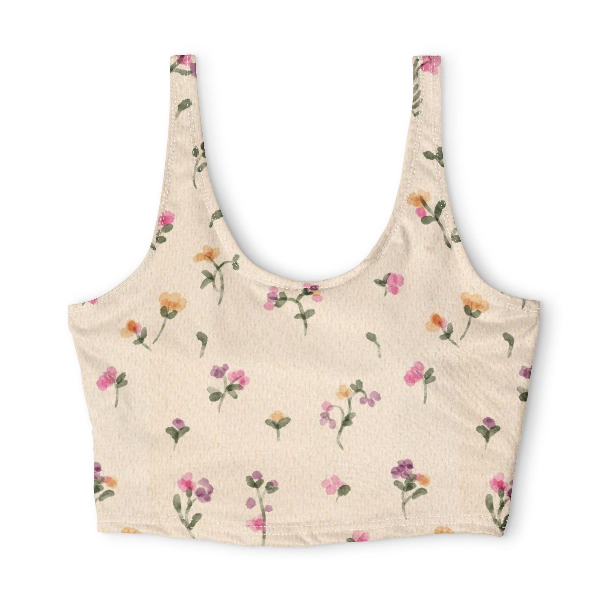 Watercolor Wildflowers Sports Bra | Floral Crop Top, Beige Blossom Print