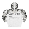 Moss and Ink Typography Hoodie, Black Ink Bubble All Over Print Sweatshirt, Minimalist Graphic Streetwear, Alt Aesthetic Hooded Top
