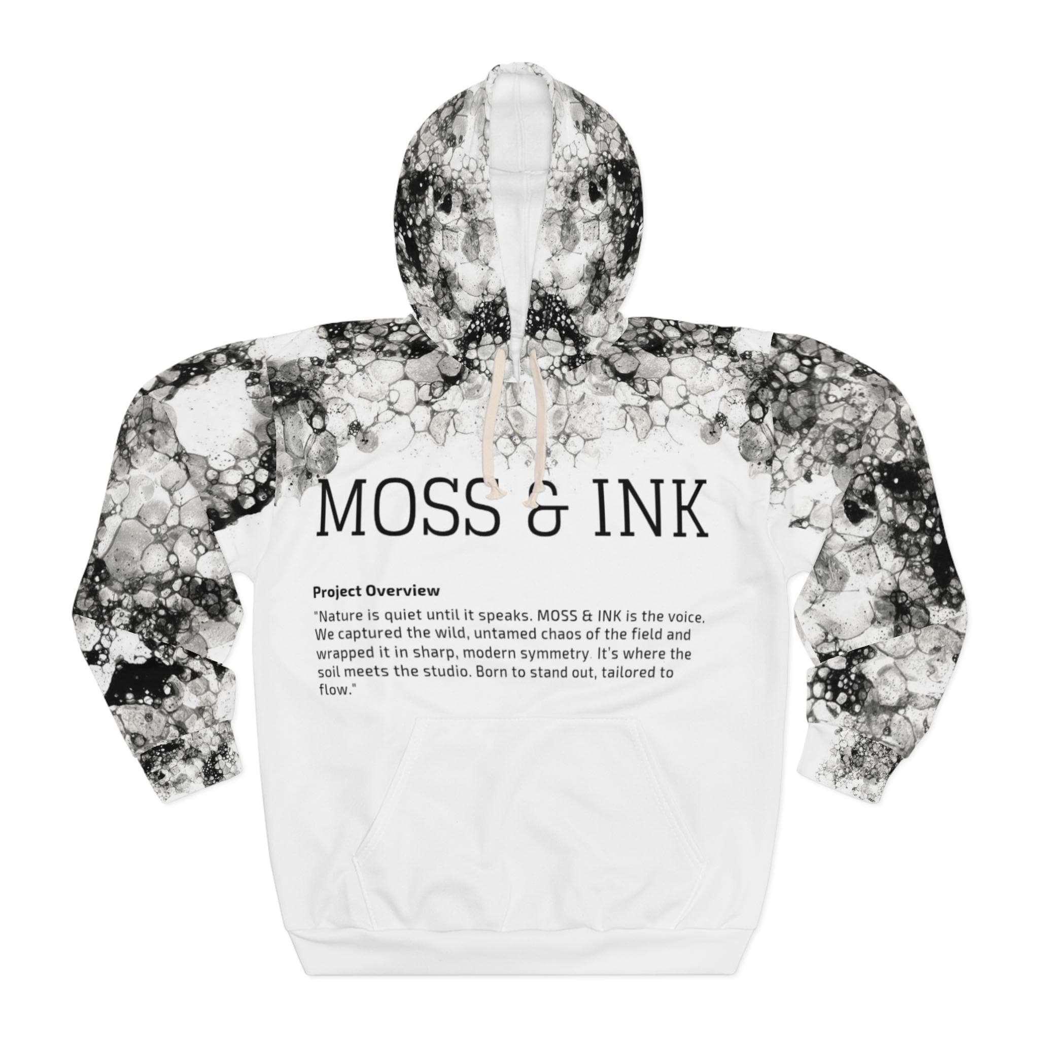 Moss and Ink Typography Hoodie, Black Ink Bubble All Over Print Sweatshirt, Minimalist Graphic Streetwear, Alt Aesthetic Hooded Top