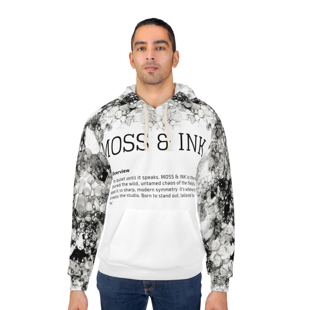 Moss and Ink Typography Hoodie, Black Ink Bubble All Over Print Sweatshirt, Minimalist Graphic Streetwear, Alt Aesthetic Hooded Top