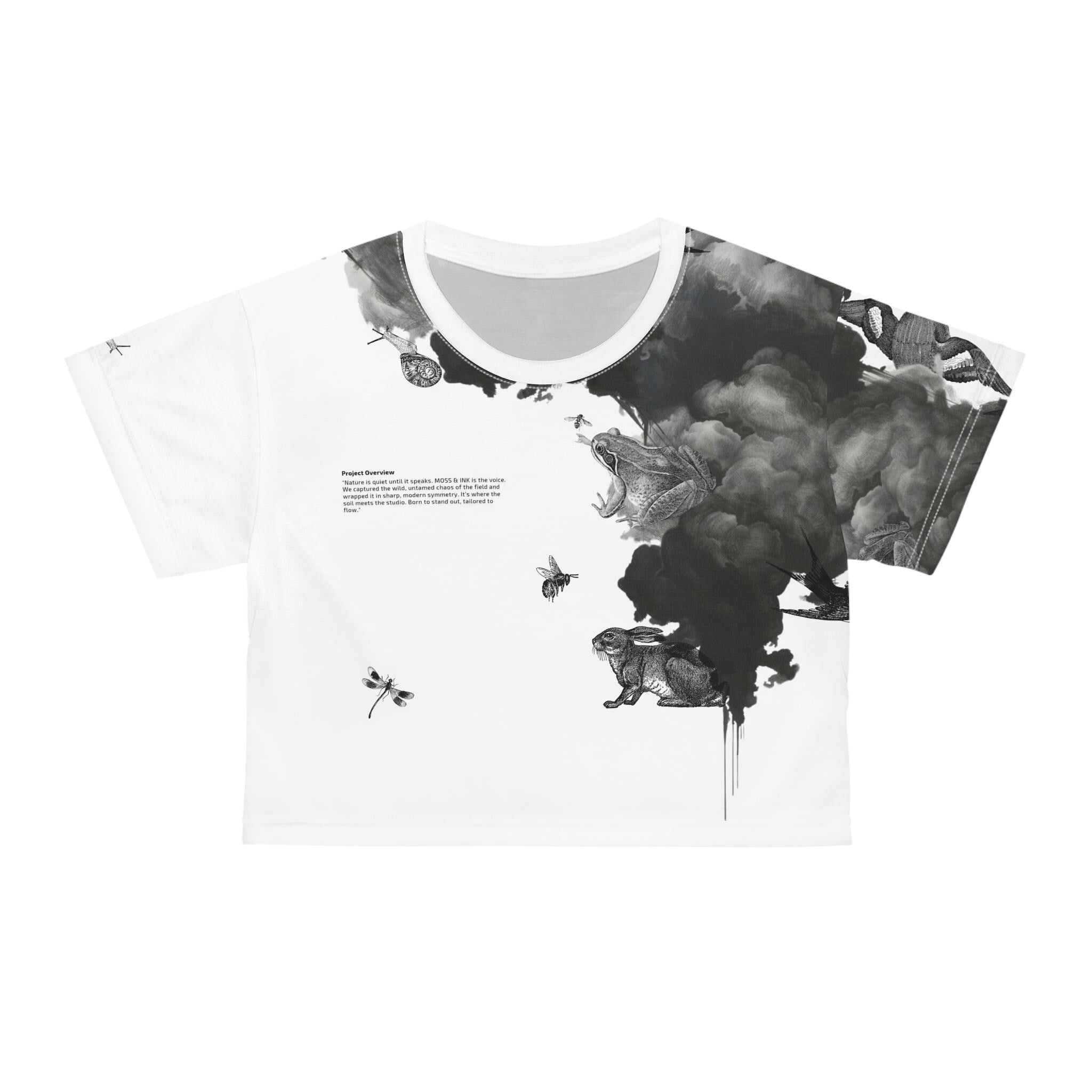 Monochrome Smoke Cloud Crop Tee | Ink Illustration,Nature Graphic Top, Dark, Aesthetic Vintage, Streetwear Trousers