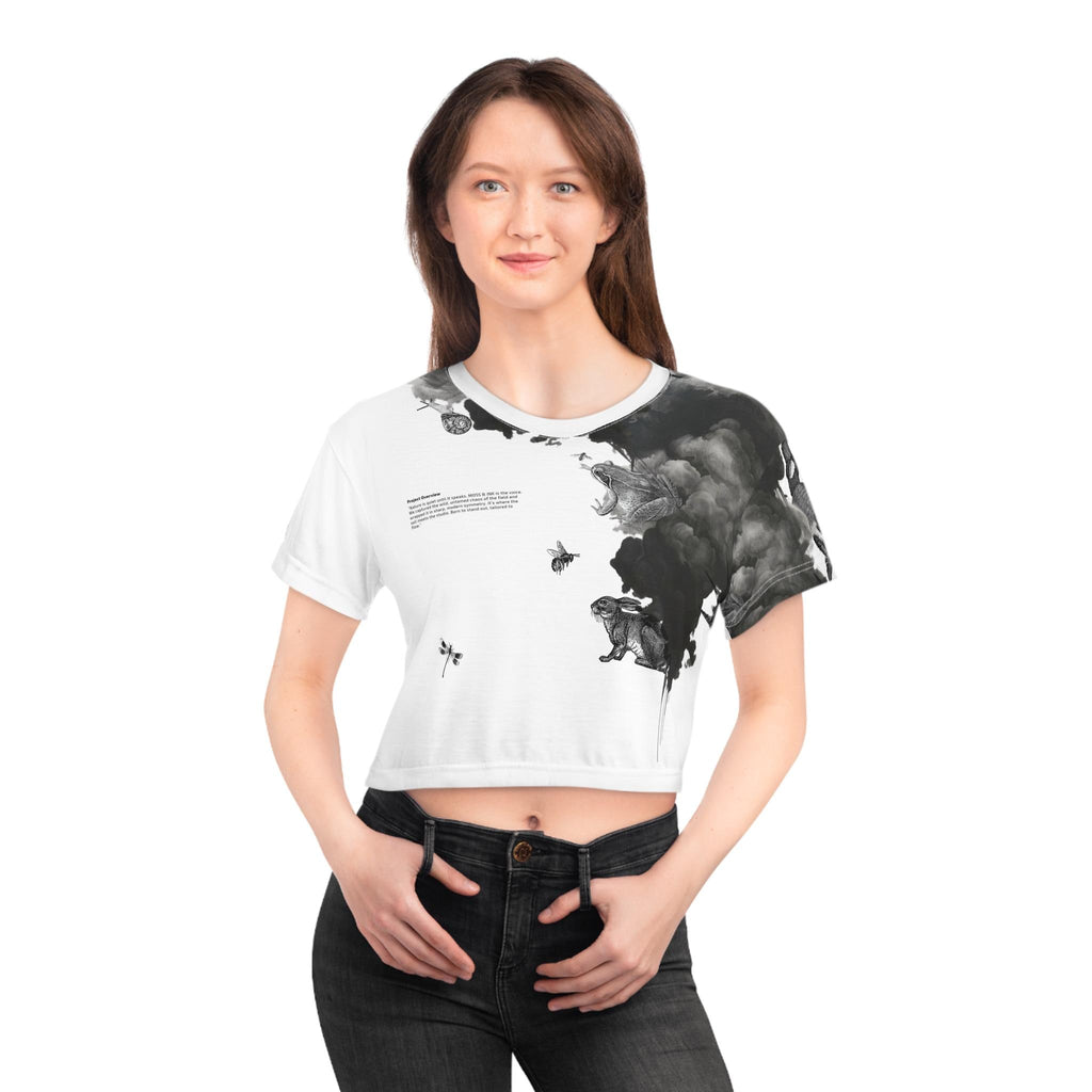 Monochrome Smoke Cloud Crop Tee | Ink Illustration,Nature Graphic Top, Dark, Aesthetic Vintage, Streetwear Trousers