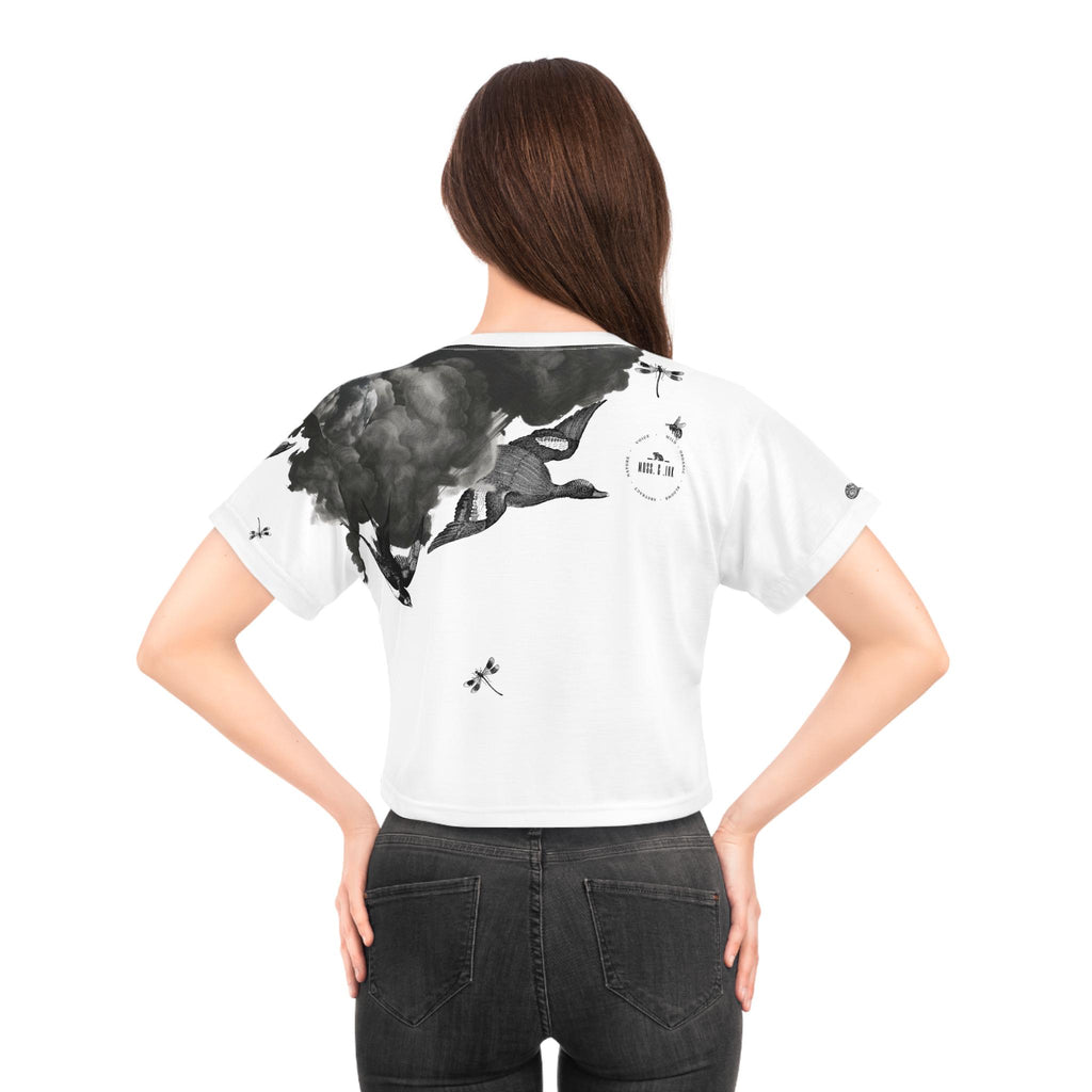 Monochrome Smoke Cloud Crop Tee | Ink Illustration,Nature Graphic Top, Dark, Aesthetic Vintage, Streetwear Trousers
