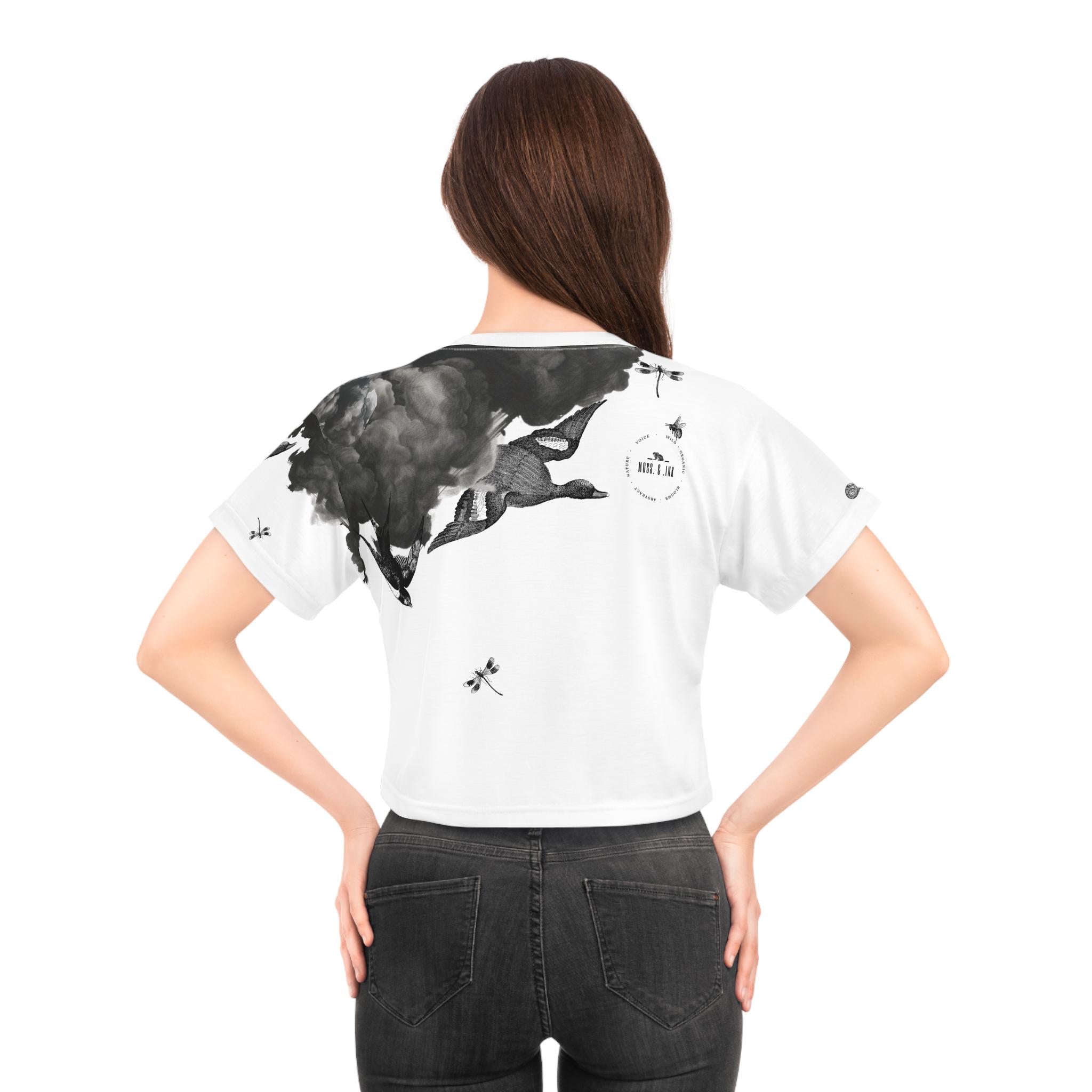 Monochrome Smoke Cloud Crop Tee | Ink Illustration,Nature Graphic Top, Dark, Aesthetic Vintage, Streetwear Trousers