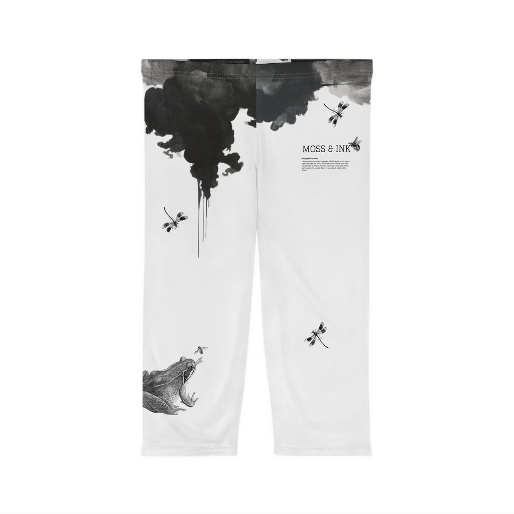 Black Ink Frog Dragonfly Print Capri Leggings | Nature Illustration AOP