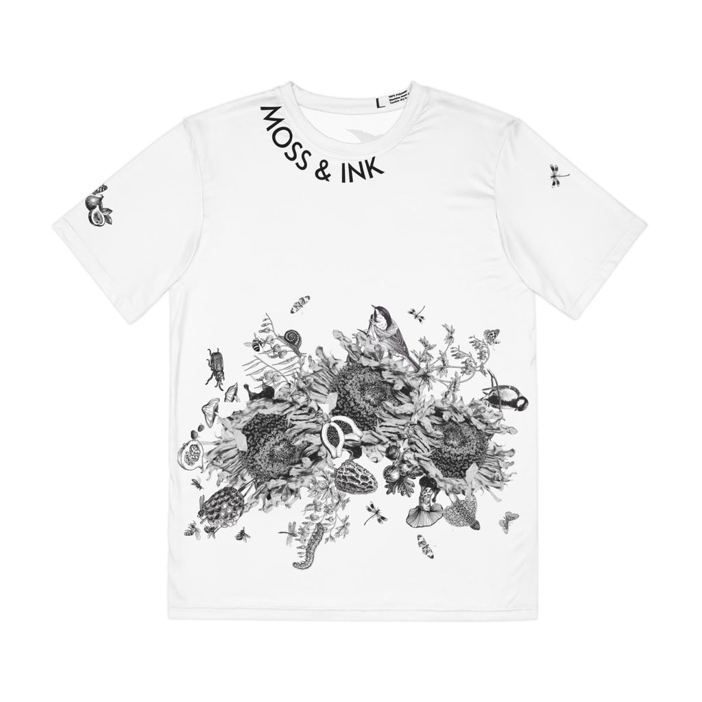 Botanical Collage Tee | Sunflowers, Birds, Butterflies, Black Ink Design