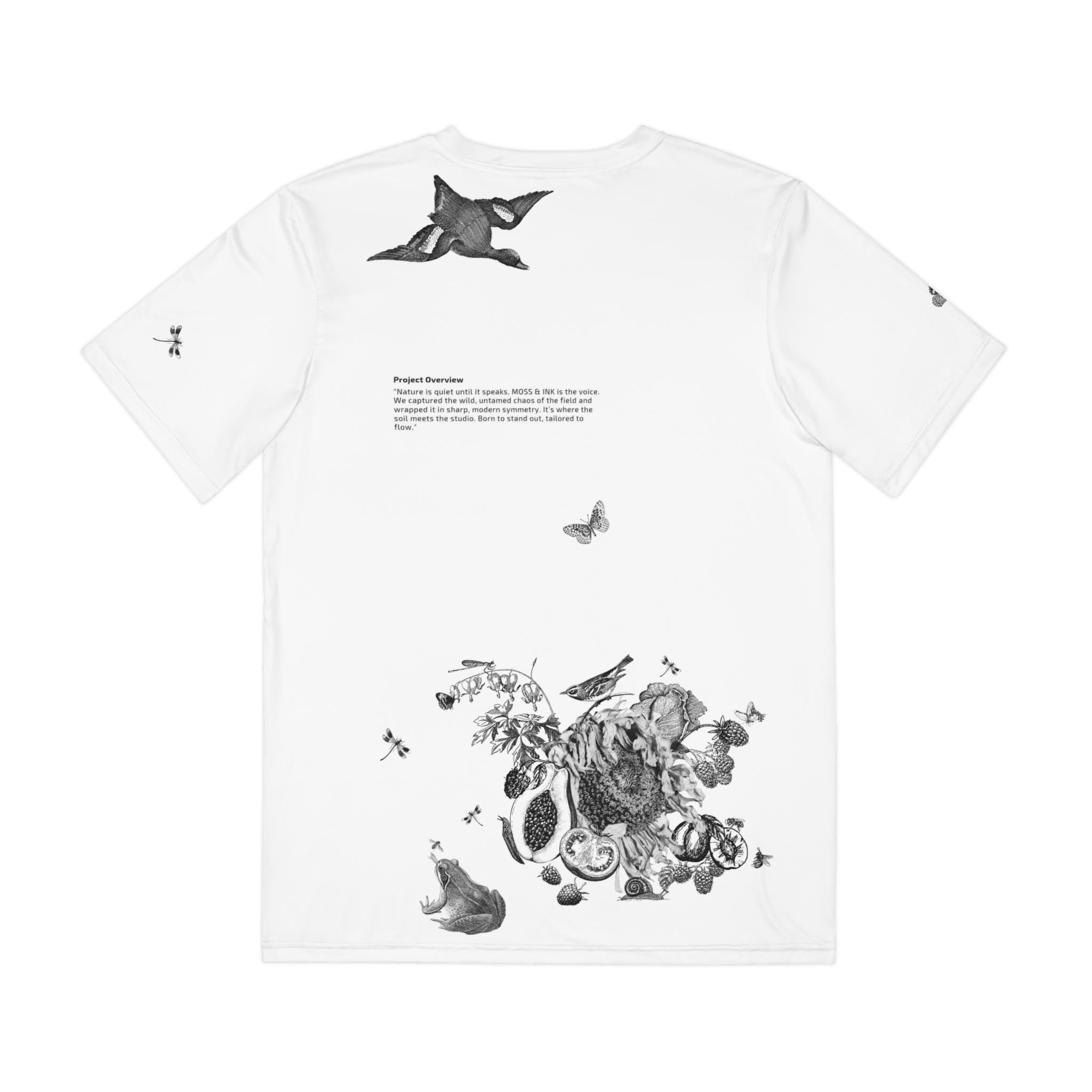 Botanical Collage Tee | Sunflowers, Birds, Butterflies, Black Ink Design