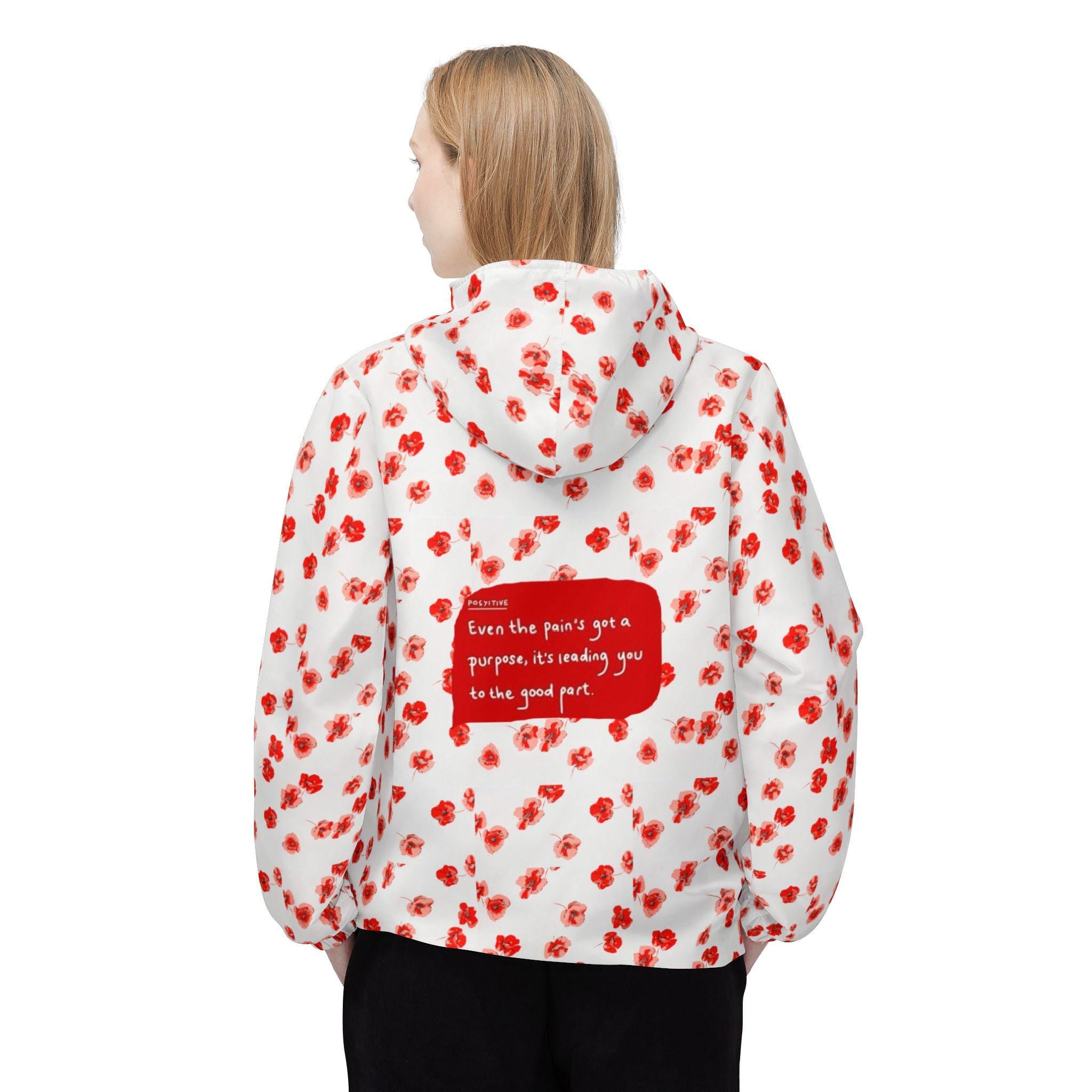 Red Poppy Pattern Windbreaker Jacket | All-Over Print, Floral Quote