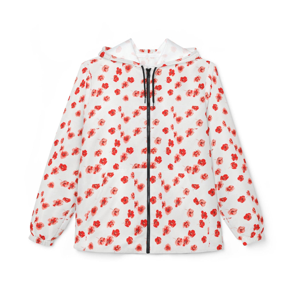 Red Poppy Pattern Windbreaker Jacket | All-Over Print, Floral Quote