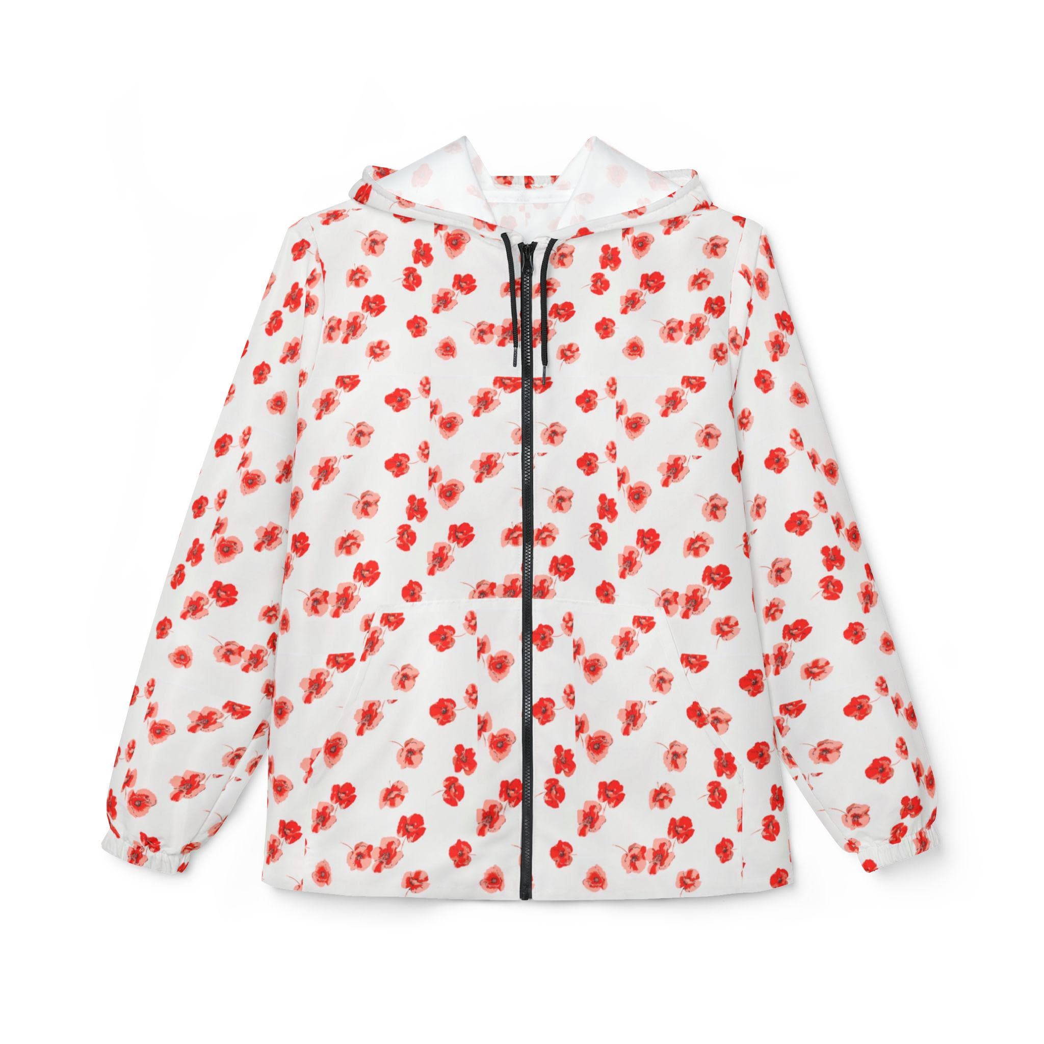 Red Poppy Pattern Windbreaker Jacket | All-Over Print, Floral Quote