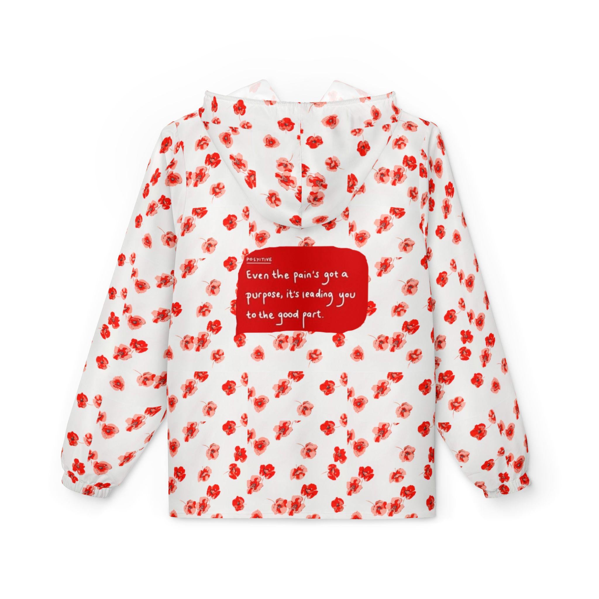 Red Poppy Pattern Windbreaker Jacket | All-Over Print, Floral Quote