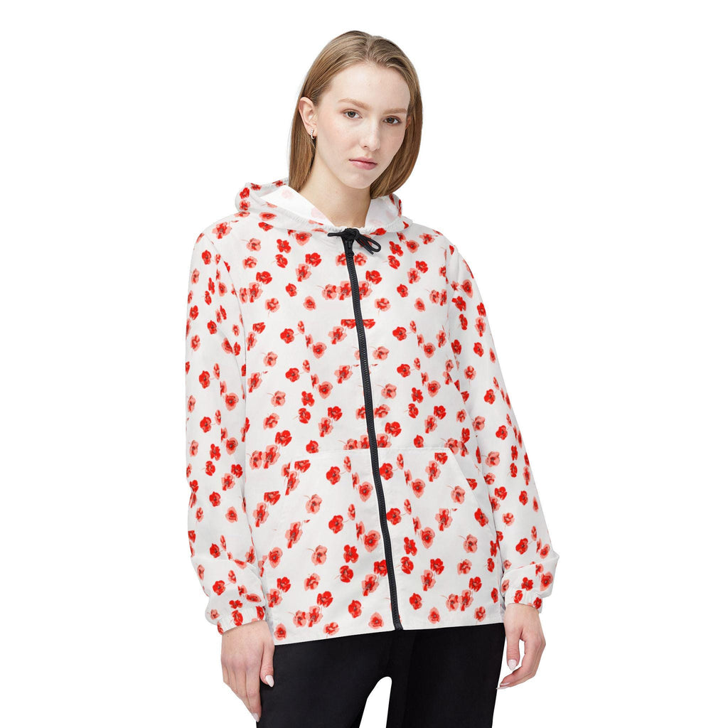 Red Poppy Pattern Windbreaker Jacket | All-Over Print, Floral Quote