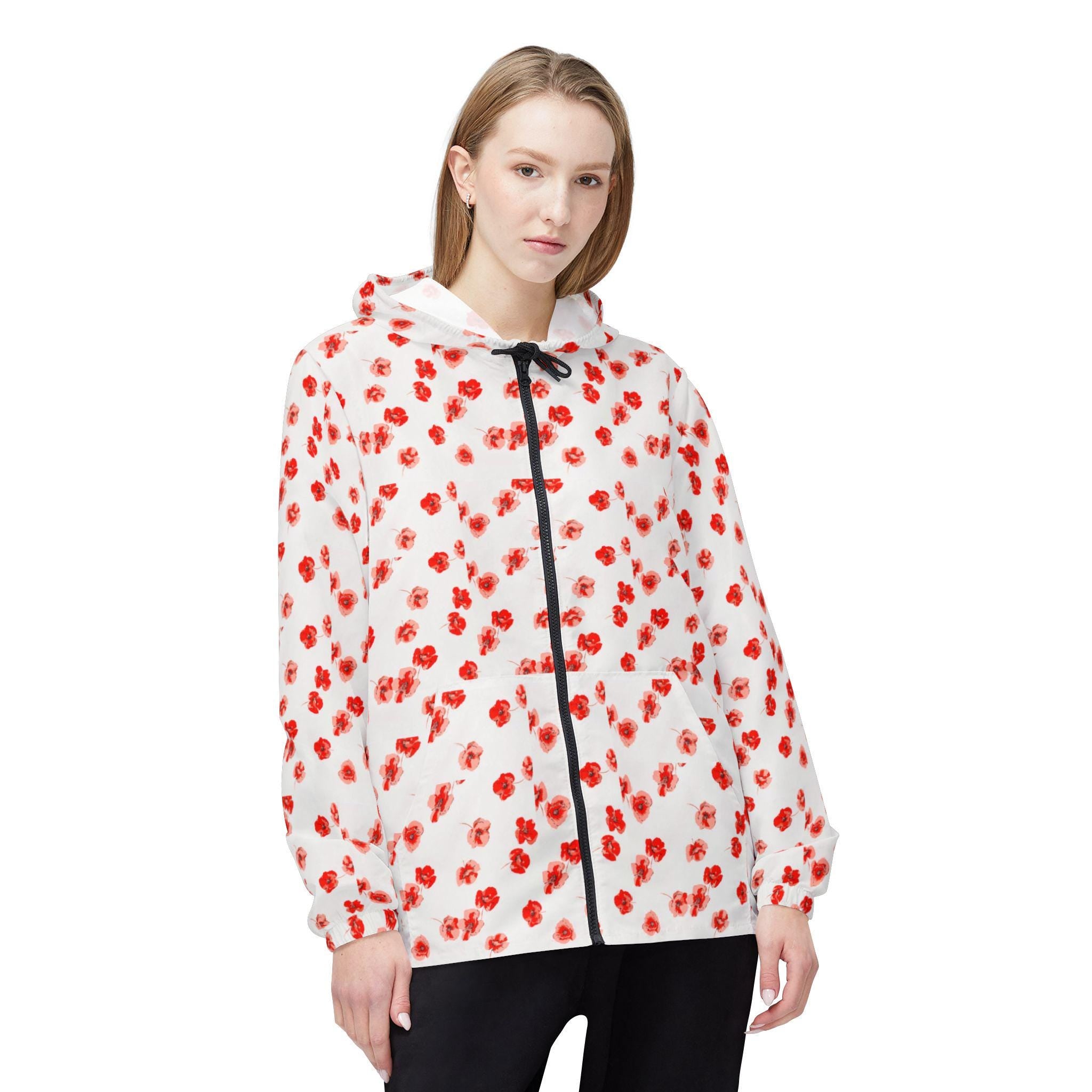 Red Poppy Pattern Windbreaker Jacket | All-Over Print, Floral Quote