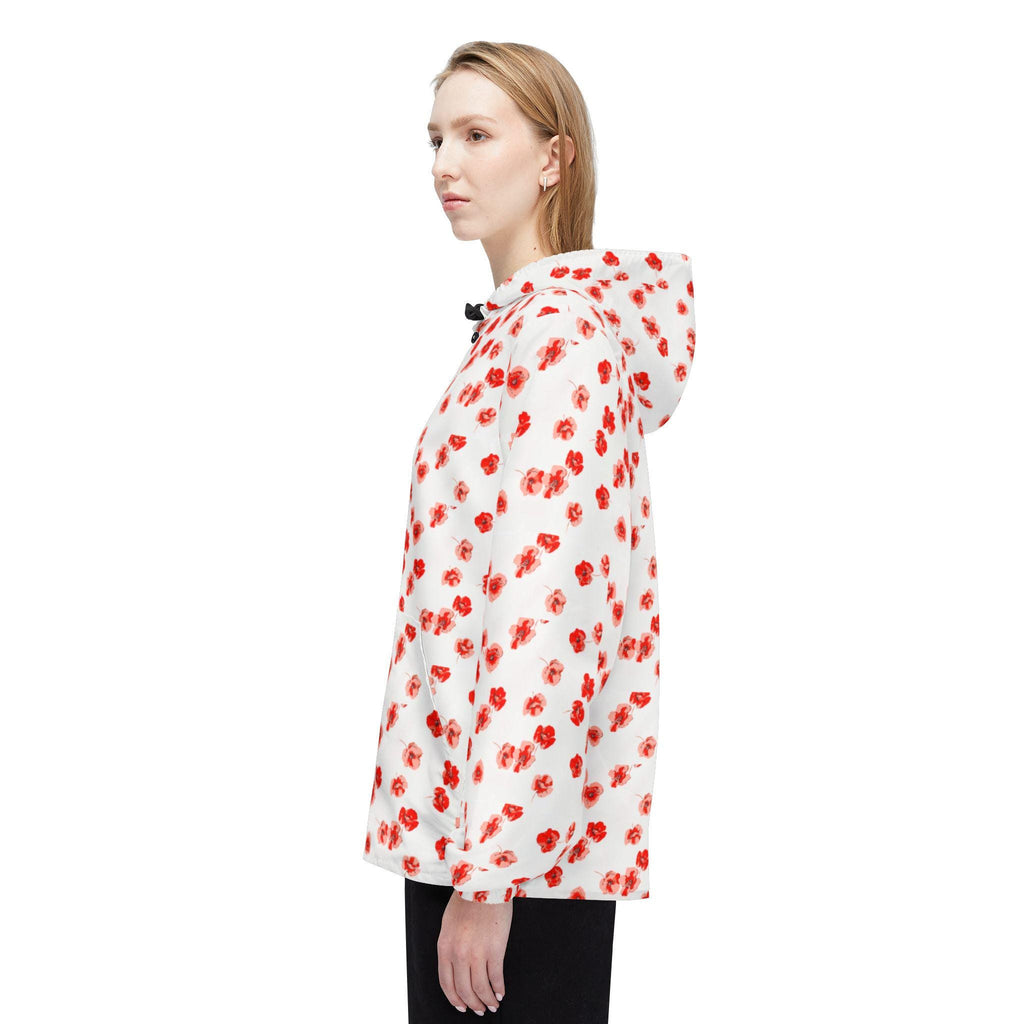 Red Poppy Pattern Windbreaker Jacket | All-Over Print, Floral Quote