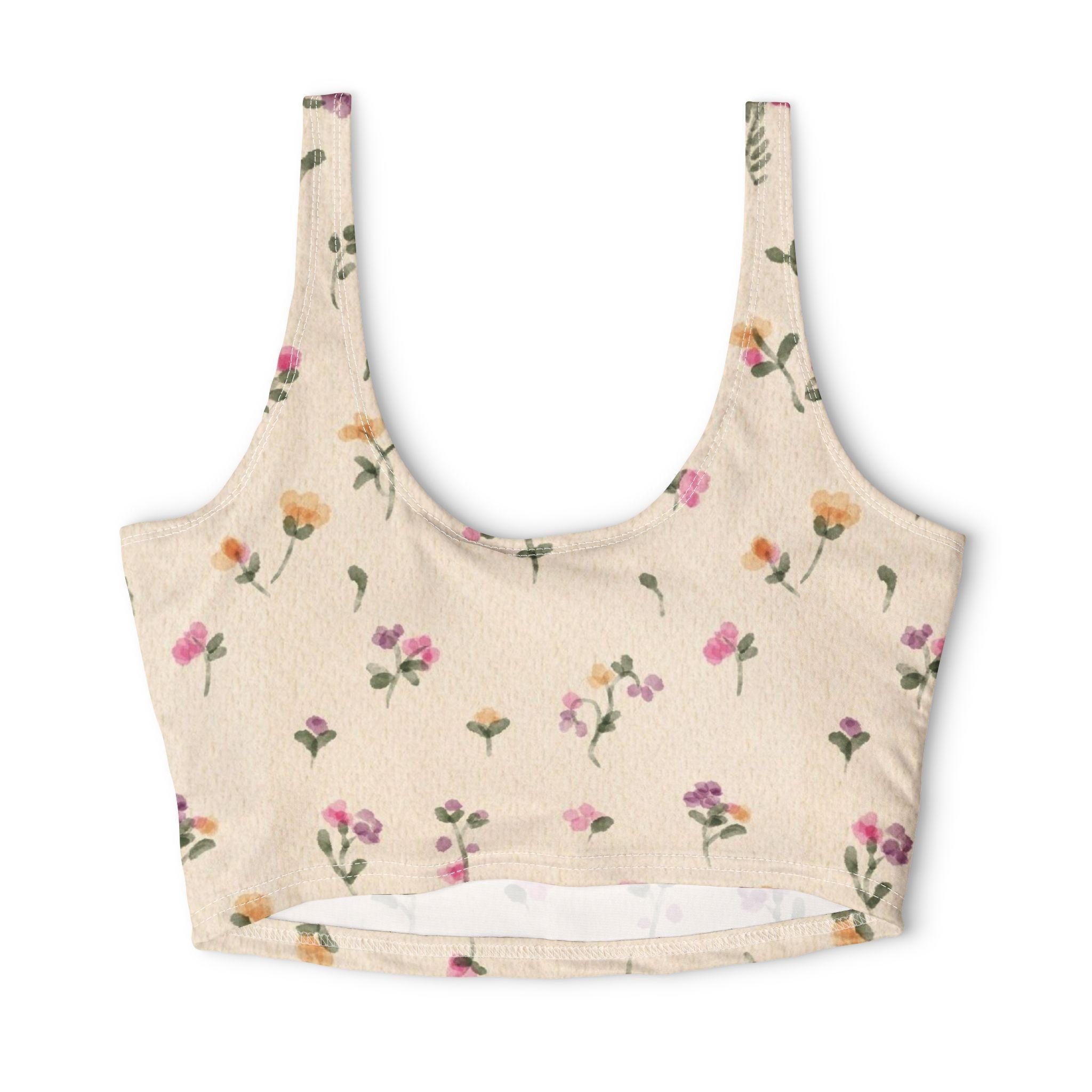 Watercolor Wildflowers Sports Bra | Floral Crop Top, Beige Blossom Print