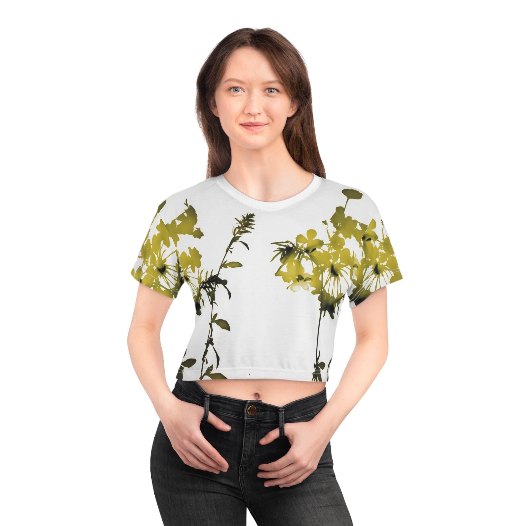 Yellow Wildflower Crop Tee | Floral Botanical Print, All-Over Pattern
