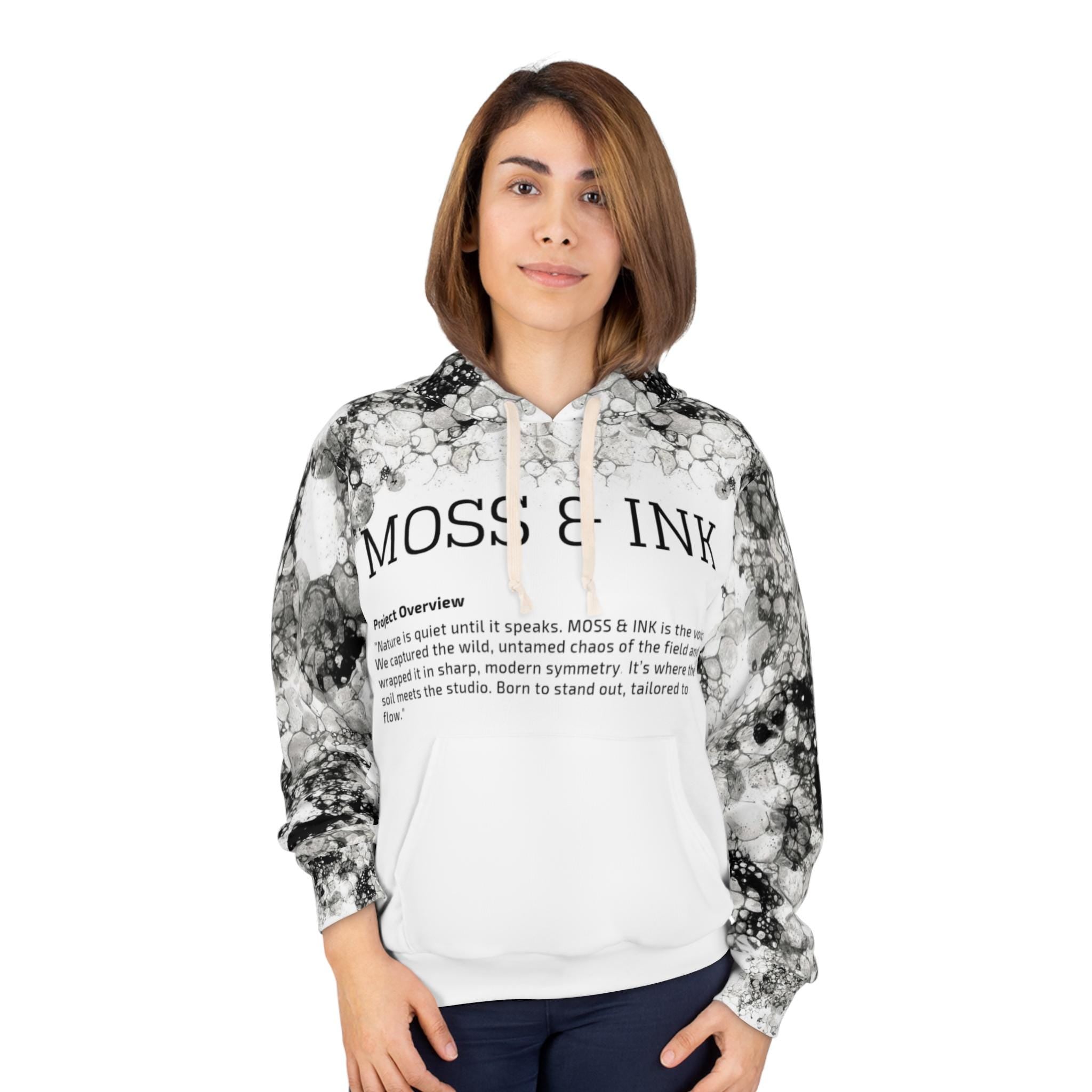 Moss and Ink Typography Hoodie, Black Ink Bubble All Over Print Sweatshirt, Minimalist Graphic Streetwear, Alt Aesthetic Hooded Top