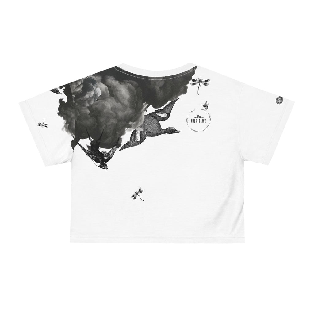 Monochrome Smoke Cloud Crop Tee | Ink Illustration,Nature Graphic Top, Dark, Aesthetic Vintage, Streetwear Trousers