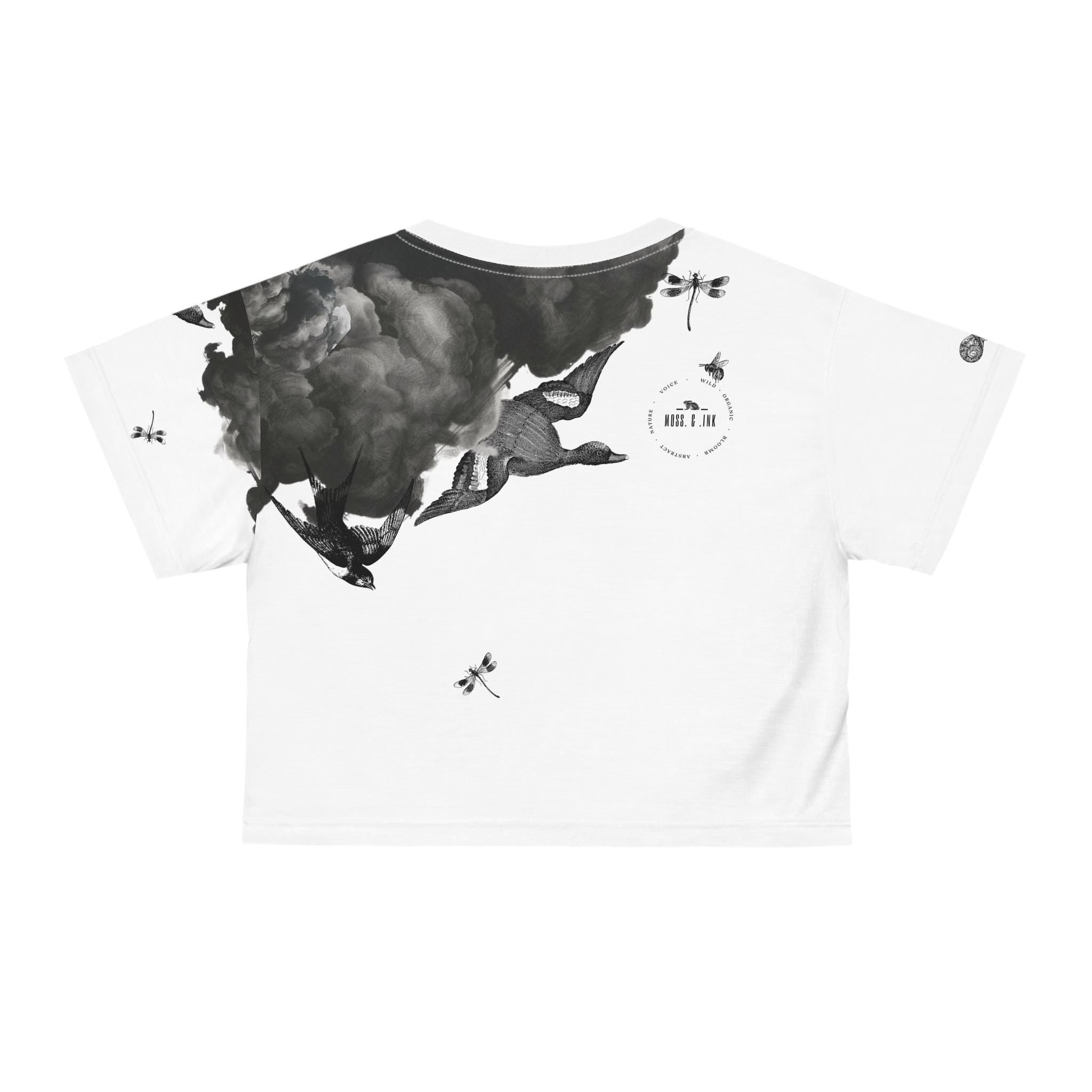 Monochrome Smoke Cloud Crop Tee | Ink Illustration,Nature Graphic Top, Dark, Aesthetic Vintage, Streetwear Trousers