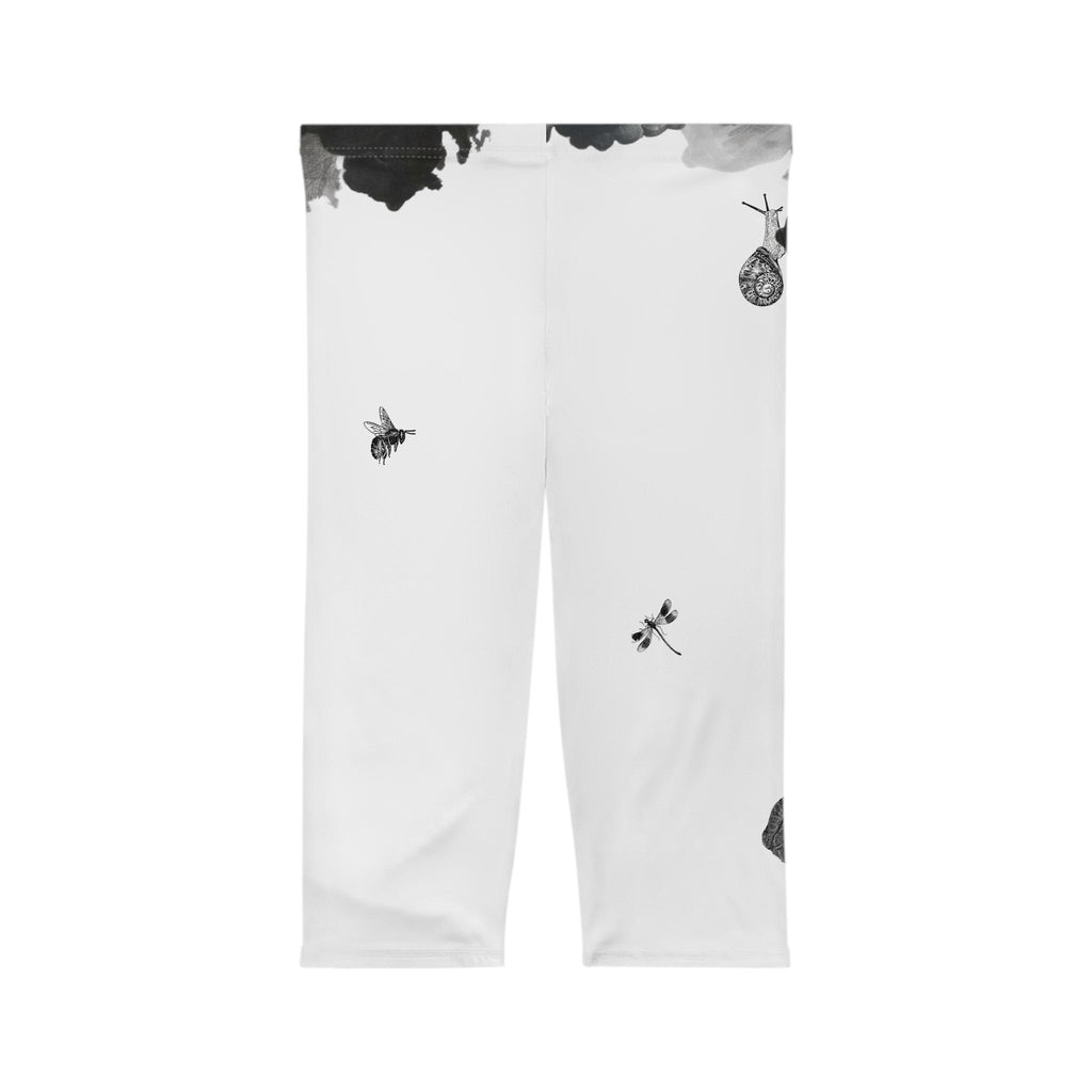 Black Ink Frog Dragonfly Print Capri Leggings | Nature Illustration AOP