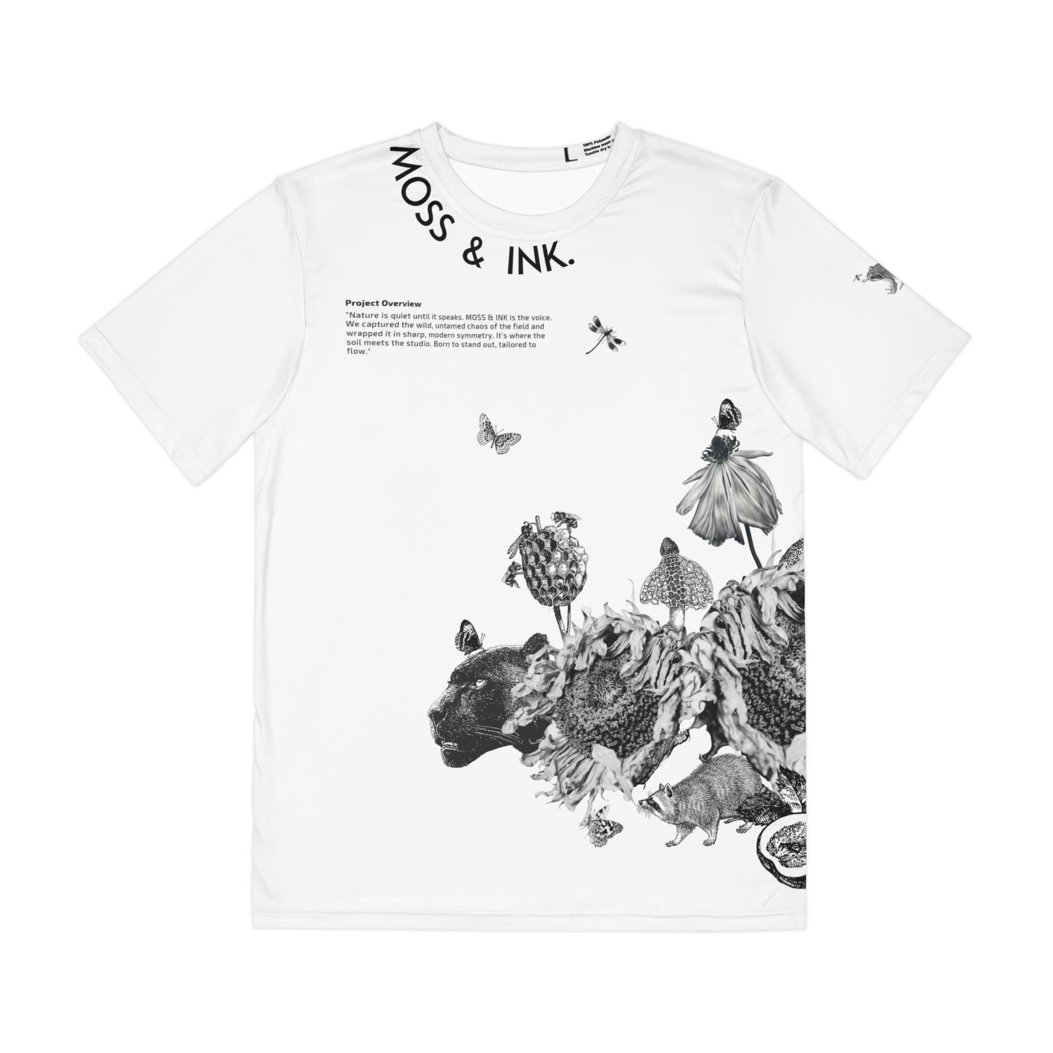Black Floral Panther Illustration Tee | All-Over Print Polyester Shirt
